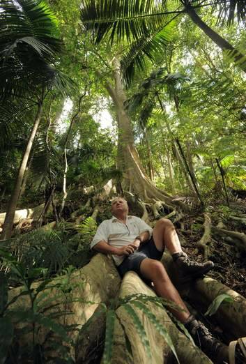 John Perkins, a member of Friends of Durras and a NSW National Parks volunteer, sits on a Strangler Fig tree in the Murramarang National Park, near Pebbly Beach. Photo: Graham Tidy