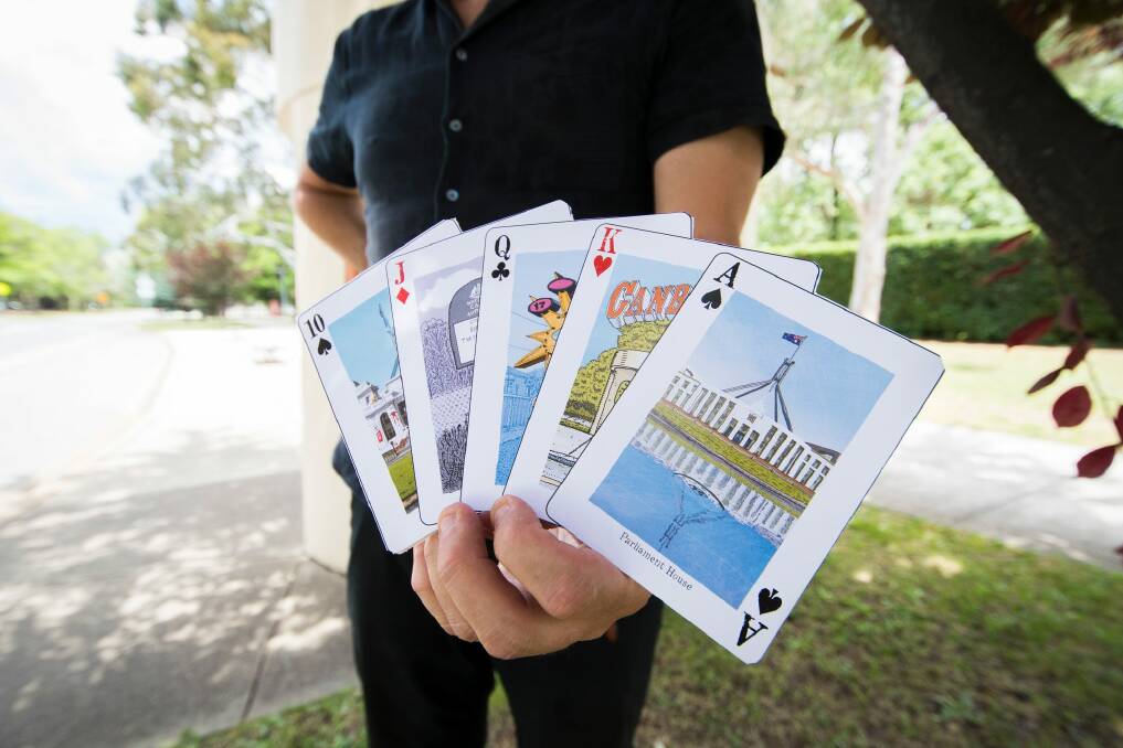 Trevor Dickinson has just released a set of playing cards featuring 54 different drawings of Canberra. Photo: Dion Georgopoulos Photo: Dion Georgopoulos