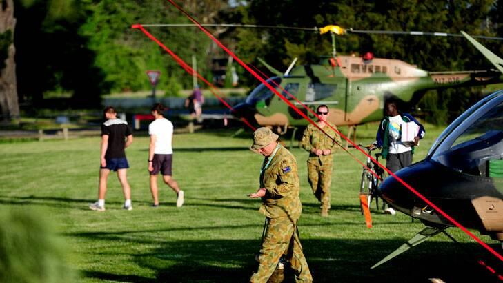 ATTRACTING AN AUDIENCE: Two of the helicopters at Duntroon.
