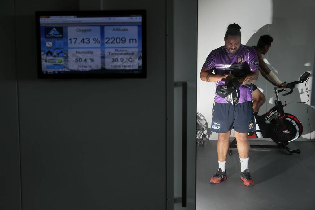  Fotu Auelea gets ready to train at the University of Canberra's high-tech facility. Photo: Jeffrey Chan