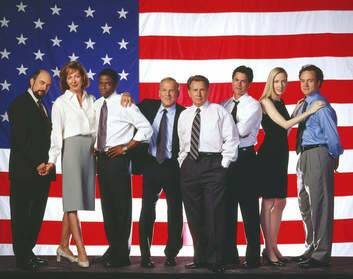 The cast of <i>West Wing</i>: (l-r) Richard Schiff as Communications Director Toby Ziegler; Allison Janney as Press Secretary CJ Gregg, Dule Hill as aide Charlie Young, John Spencer as Chief of Staff Leo McGarry, Martin Sheen as President Josiah Bartlet, Rob Lowe as Deputy Communications Director Sam Seaborn, Janel Moloney as Assistant Donna Moss, Brad Whitford as Deputy Chief of Staff Josh Lyman. Photo: NBC Photo