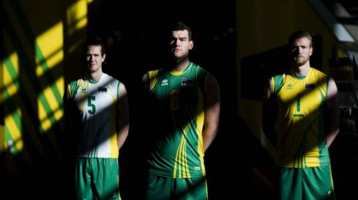 Volleyroos stars Travis Passier, Tom Edgar and Aidan Zingel in Canberra on Friday. Photo: Rohan Thomson