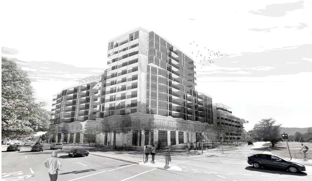 An artist's impression of SHL's plans for the block on the corner of Ainslie Avenue and Cooyong Street, in Canberra City, Civic.