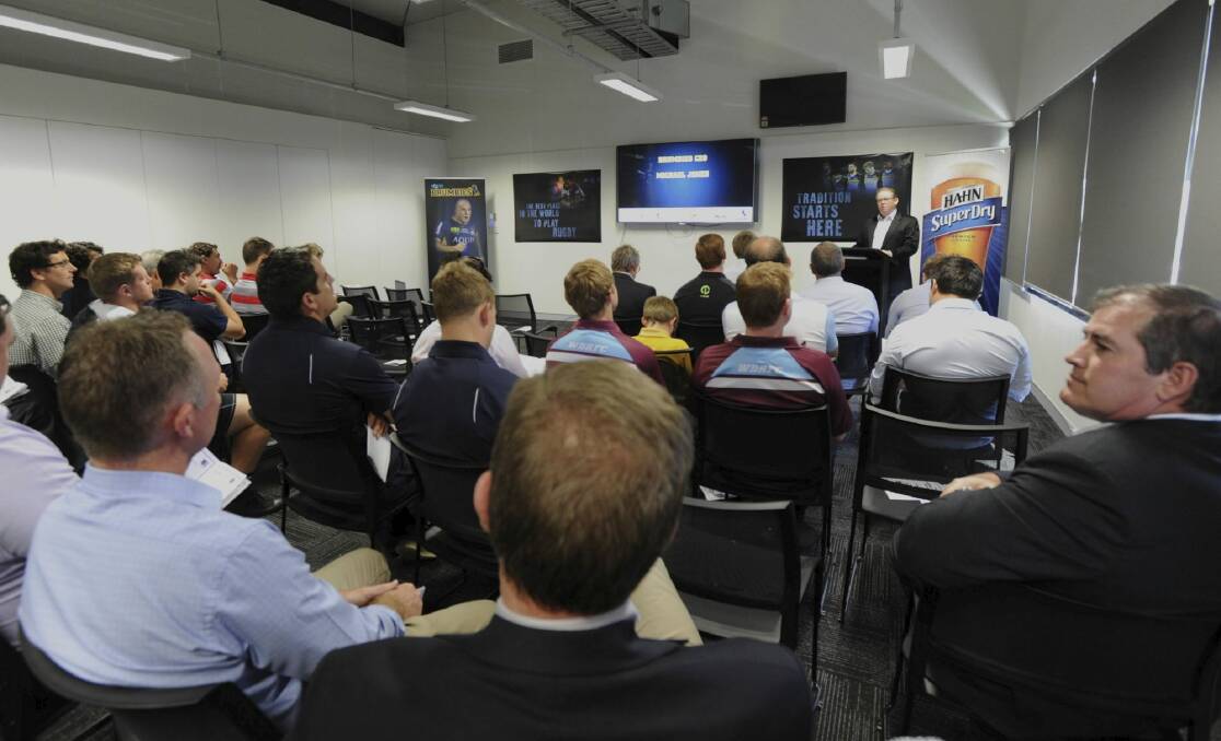 Brumbies chief executive Michael Jones addresses Canberra clubs at the John I Dent Cup season launch. Photo: Graham Tidy