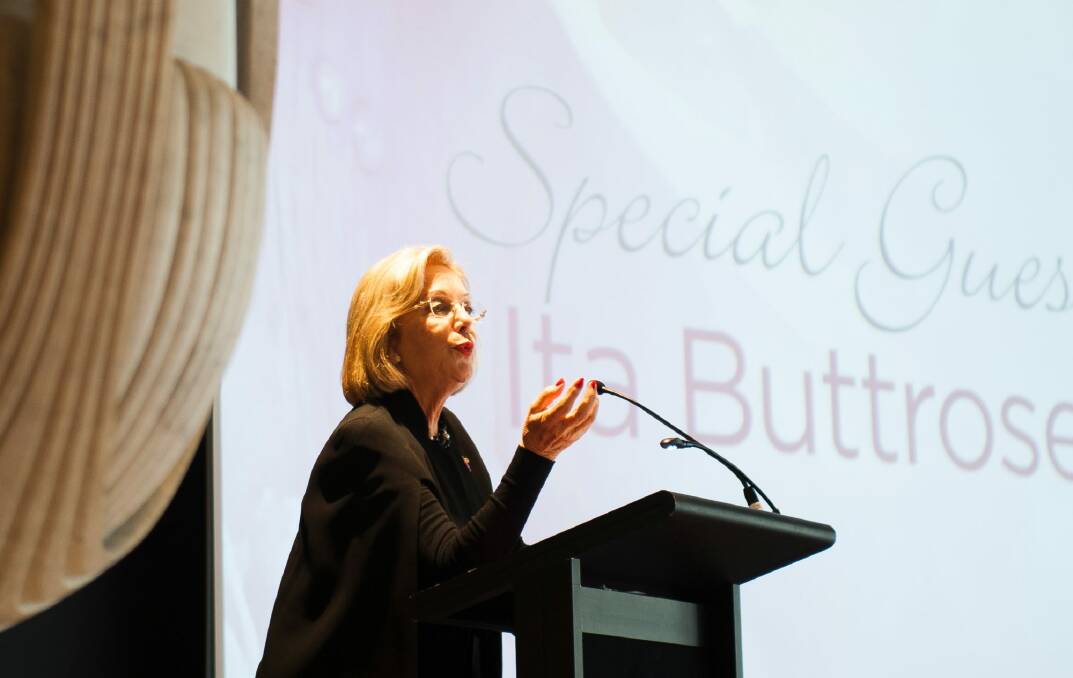 Ita Buttrose speaking in Canberra at the Pink Lady Luncheon for Breast Cancer Network Australia.  Photo: Elesa Kurtz