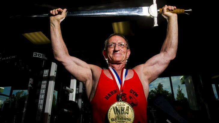 Harry Haueliuk with the broadsword he was awarded last year for international lifetime achievement in bodybuilding. Photo: Rohan Thomson