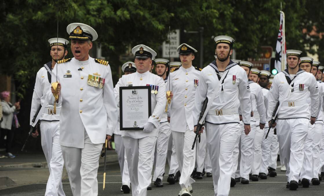 The city stopped for the HMAS Canberra's Freedom of the City march. Photo: Graham Tidy 