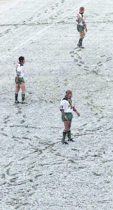The Canberra Raiders v West Tigers game in the snow at Canberra Stadium in May, 2000. Photo: Paul Harris PRH