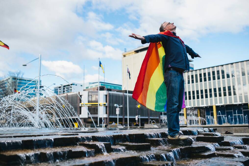 An LGBTQI supporter at a protest at Civic Square, Canberra, in August.  Photo: Rohan Thomson