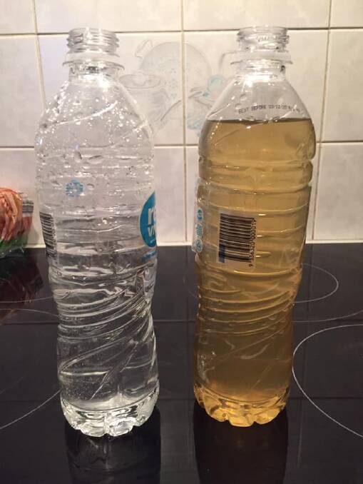 A photo taken by Rebecca Rattenbury of the water from her filtered shower head (left) and the water from her kitchen tap (right) on Wednesday. Photo: Supplied