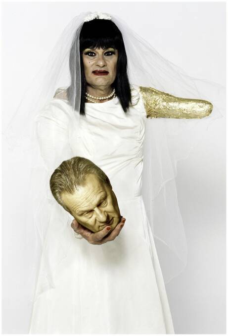 Mike Parr, Best Man 11 April 2006, colour photograph from closed performance, The Lab Studio, Waterloo, Sydney. 
Private Collection. Performer: Mike Parr. 
Photographer: Paul Green. Digital manipulation: Felicity Jenkins; Make-up: Chizuko Saito.  Photo: National Gallery of Australia