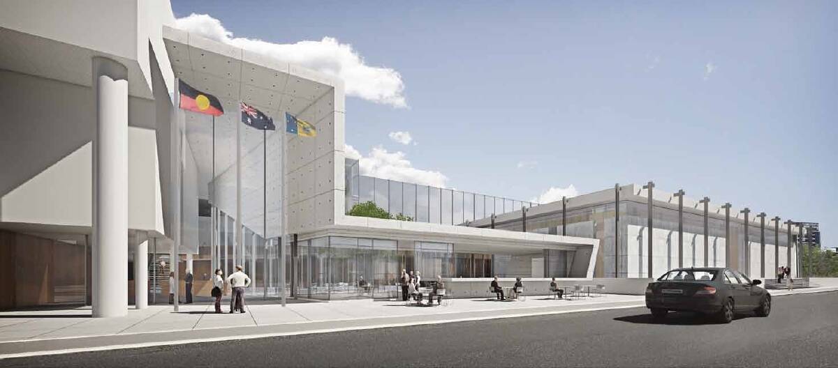 Artist impression of redeveloped ACT courts complex which would link existing Supreme Court and Magistrates Court. Photo: Supplied