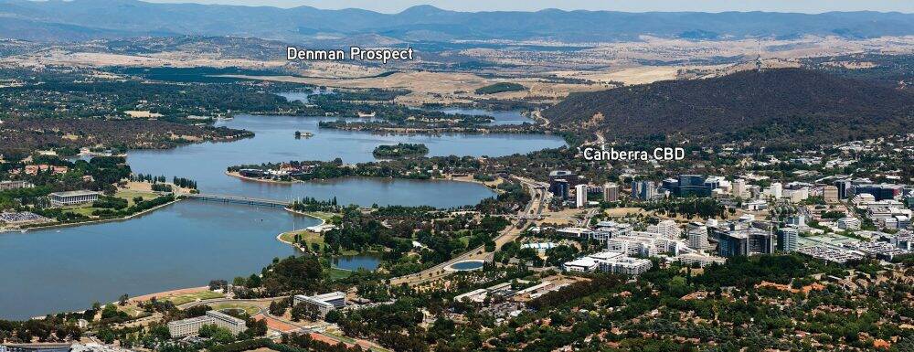 The Denman Prospect suburb in relation to Canberra's CBD.