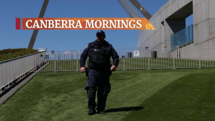 A security guard patrols the lawns at Parliament House.  Photo: Andrew Meares
