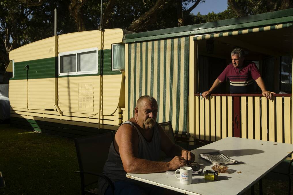 Guy Burden (front) from Raby has been caravaning for 14 years and Sam Portillo from Smithfield for 20 years. Here they are pictured at the Budgewoi Holiday Park on the Central Coast.  Photo: Nic Walker