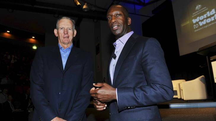 Leaders: Rugby league's Wayne Bennett and Olympic superstar Michael Johnson. Photo: Graham Tidy