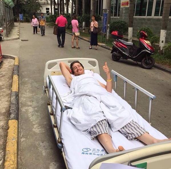 Canberra cyclist Ben Hill keeping his spirits up after his first broken back late last year in China. Photo: Supplied