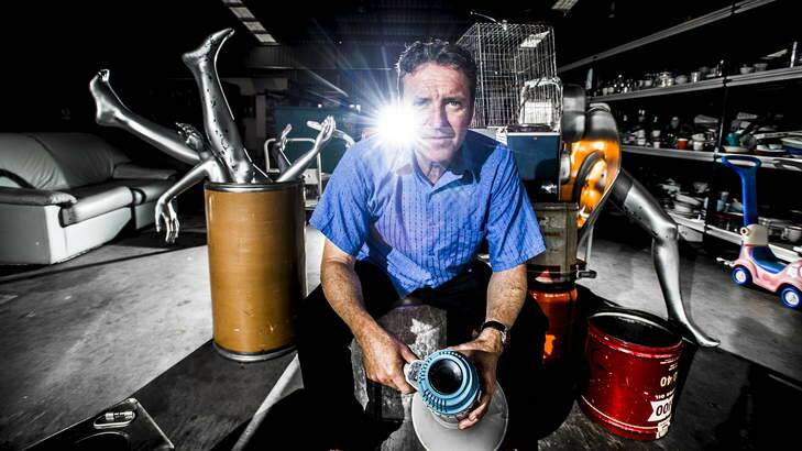 Graeme Leak with a collection of items at Tiny's Green Shed. The items will be used as instruments in the Noise Orchestra he is organising as part of Canberra's Centenary Celebrations. Photo: Rohan Thomson