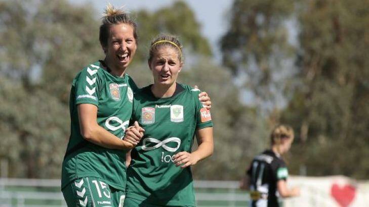 Sally Shipard with Ellie Brush during  her Canberra United career. Photo: Jeffrey Chan