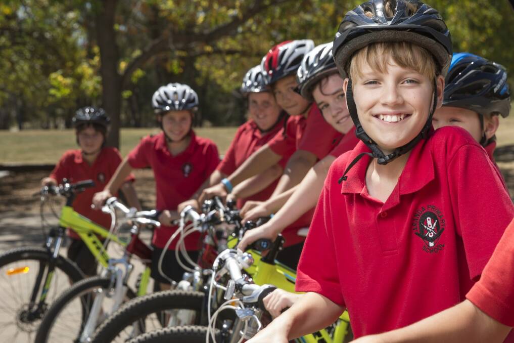Year 6 Aranda Primary student Ben Claridge, 11 practises riding a bike for National Ride2School Day.  Photo: Matt Bedford