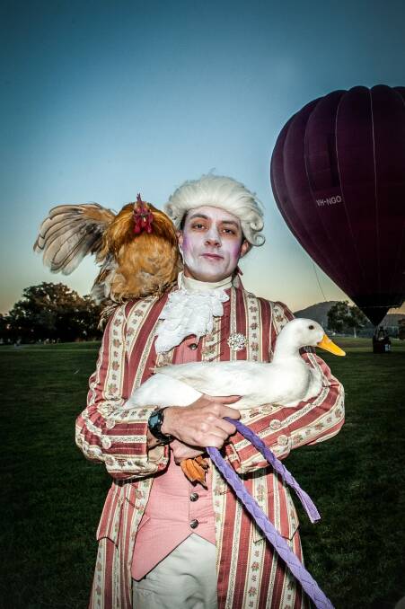 Balloon Aloft crew member Brendan Cameron poses as Louis XVI promoting the National Gallery of Australia's Versailles: Treasures from the palace exhibition and the upcoming Canberra Balloon Spectacular. Photo: Karleen Minney