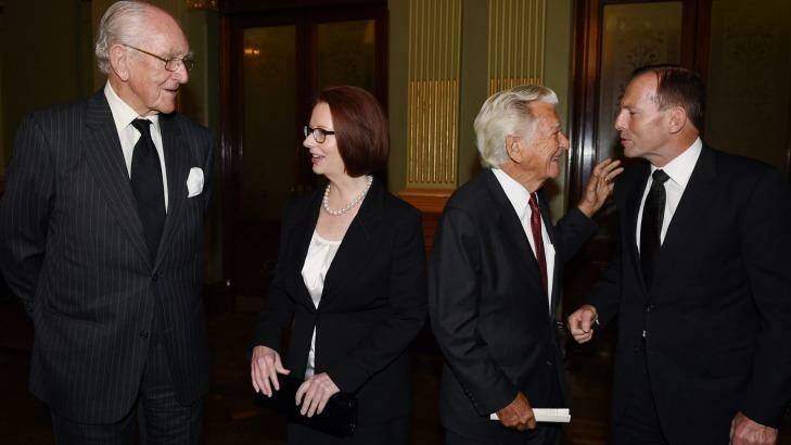 Over in a minute: Malcolm Fraser, Julia Gillard, Bob Hawke, Tony Abbott. Photo: Dan Himbrechts/Pool photo