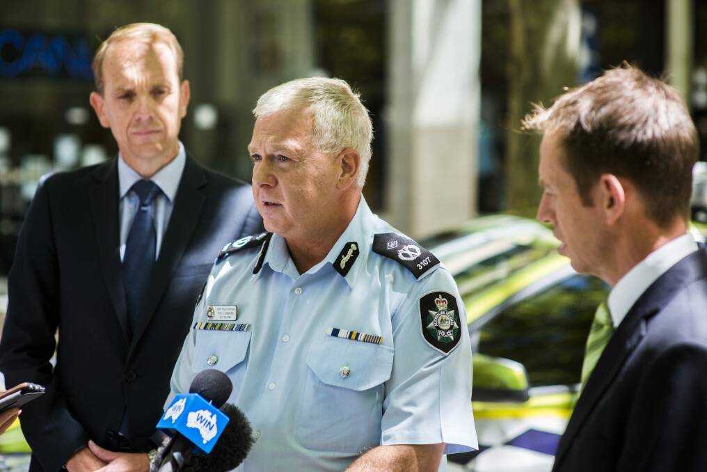 Chief Police Officer Rudi Lammers, with ministers Simon Corbell and Shane Rattenbury: Police are looking only at whether there was criminal conduct. Photo: Rohan Thomson