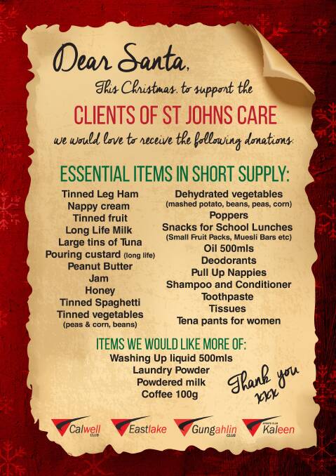 Peanut butter, nappies, washing up liquid are just some of the everyday items being collected at the Eastlake clubs for St John's Care in Reid. Photo: Supplied