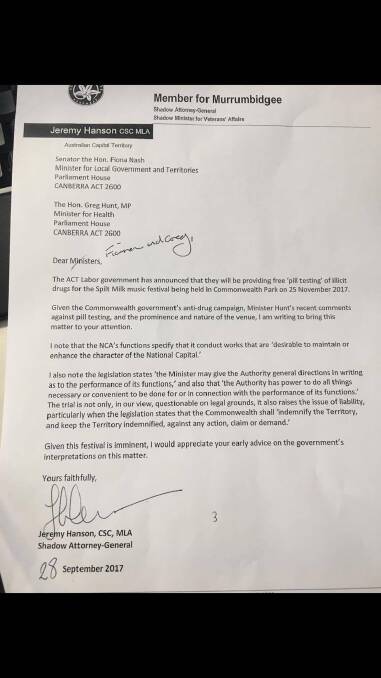 A letter dated September 28 from Jeremy Hanson to federal ministers Fiona Nash and Greg Hunt, obtained by The Canberra Times. Photo: Supplied