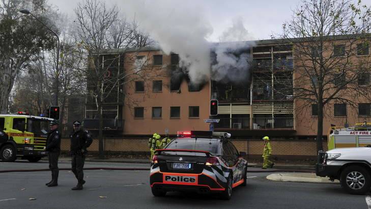 ACT Fire and rescue and police attend a fire at the Bega Court Flats on June 25. Photo: Melissa Adams