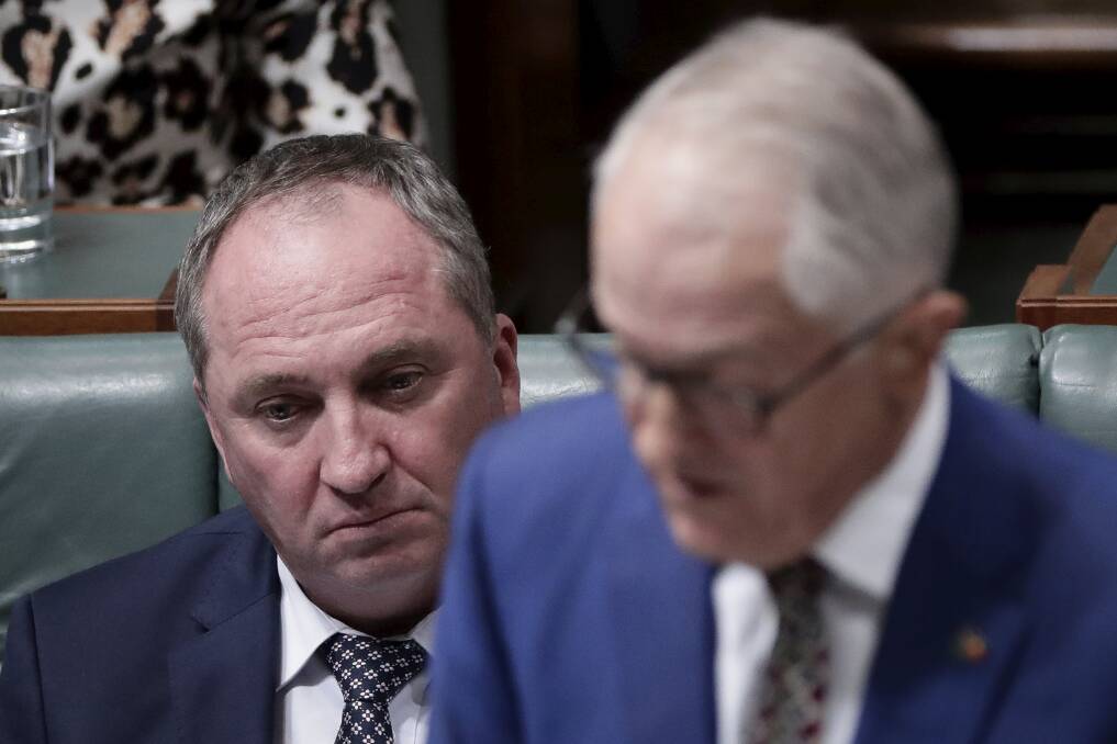 Barnaby Joyce and Malcolm Turnbull during question time on Monday. Photo: Alex Ellinghausen