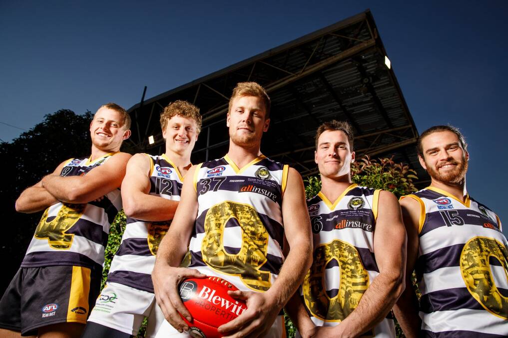 Jordan Hedington, Tyler Collins, Dean Ross, Jason Taylor, and Tim Shea will be among the Queanbeyan Tigers wearing a heritage jersey this weekend to commemorate a merger with the Turner Football Club in 1966-69.  Photo: Sitthixay Ditthavong
