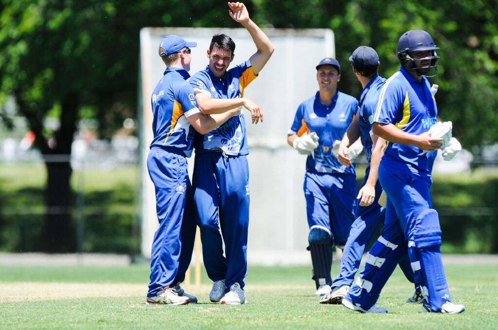ANU celebrate the wicket of Joe Leach Photo: Rohan Thomson