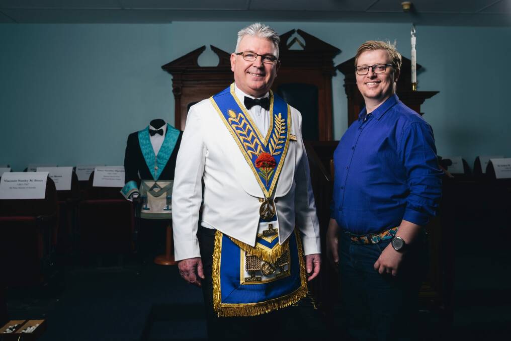 Canberra Masonic Centre District Grand Inspector of Workings, Roman Chalawinskyj and Worshipful Master Elect Ben Neit at the open day. Photo: Rohan Thomson