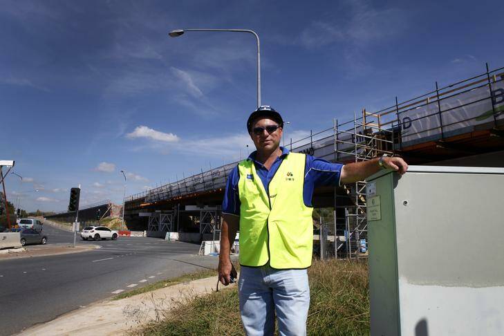 Work has been delayed on the bridge connecting the Monaro Highway due to safety concerns. Photograph of Brett Harrison - Union Official CFMEU Photo: Katherine Griffiths