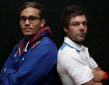 Newcastle Jets player James Brown, left, and Canberra Rockets captain Robbie Deerly. Photo: Jeffrey Chan