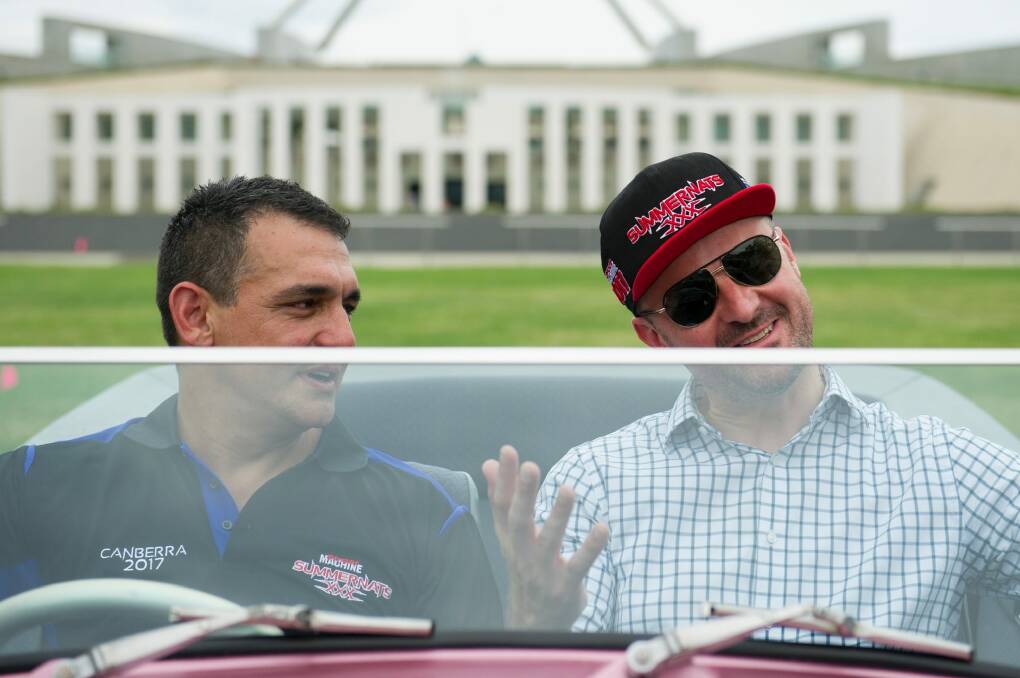 Andy Lopez, co-owner of Summernats and ACT Chief Minister Andrew Barr, launched the festival with a collection of Canberra's most spectacular street machines as backdrop. Photo: Jay Cronan