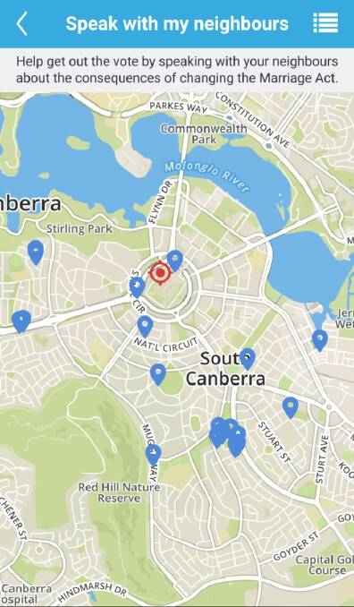 A map of available addresses to doorknock in the vicinity of Parliament House, Canberra. Photo: Freedom Team app