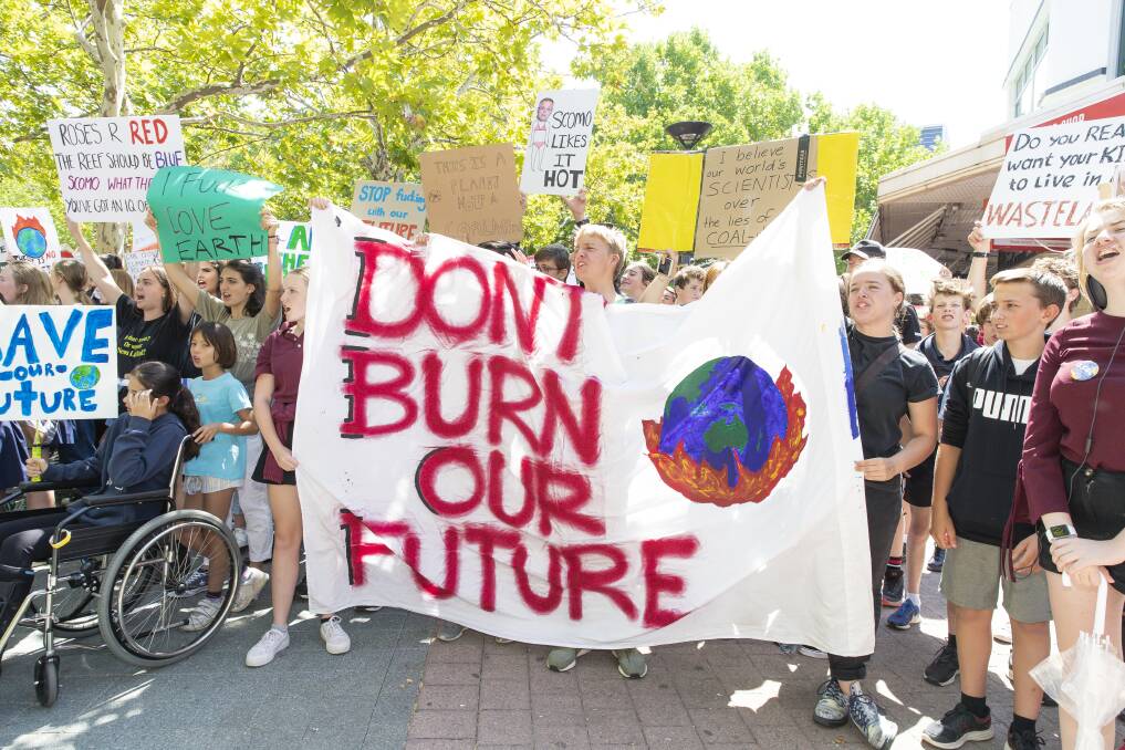 Canberra school students strike from school to protest Adani's coal mine and government inaction on climate chang Photo: Terry Cunningham