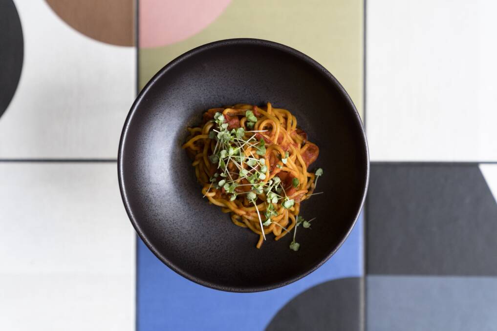 Spaghetti al pomodoro e basilico; tomato, garlic, basil.  Photo: Lawrence Atkin