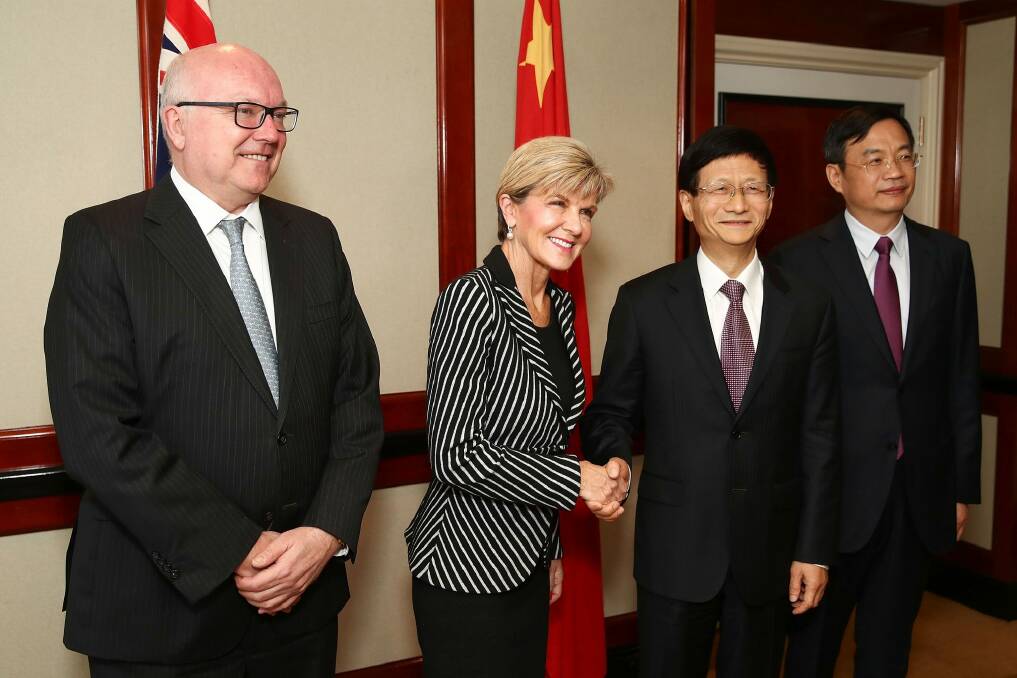 Attorney-General George Brandis, Foreign Minister Julie Bishop and Chinese Central Commission on Political and Legal Affairs, Secretary Meng Jianzhu. Photo: Getty Images