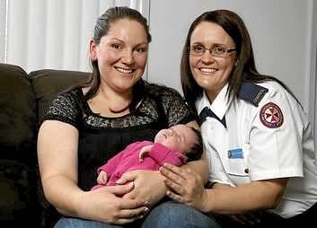 Ambulance NSW Control Centre Officer Melissa Arnold with baby Lila Stocks and mum Kelly Stocks from Karabar. Photo: Jeffrey Chan