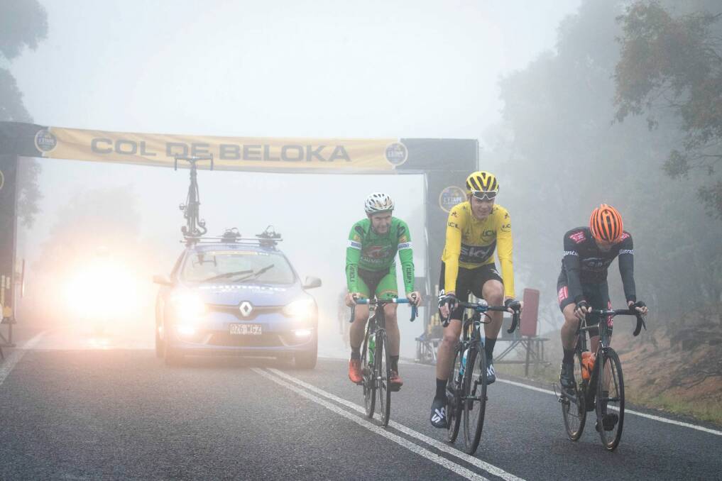 Tour de France champion Chris Froome, in yellow, at the top of the mountain stage at L'Etape. Photo: Beardy McBeard