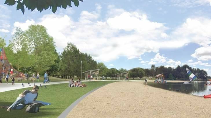 The Foreshore: Key moves include sealing the existing path, updating park furniture and playspace, improving the beach and lake edge and increasing quality and diversity of plantings.