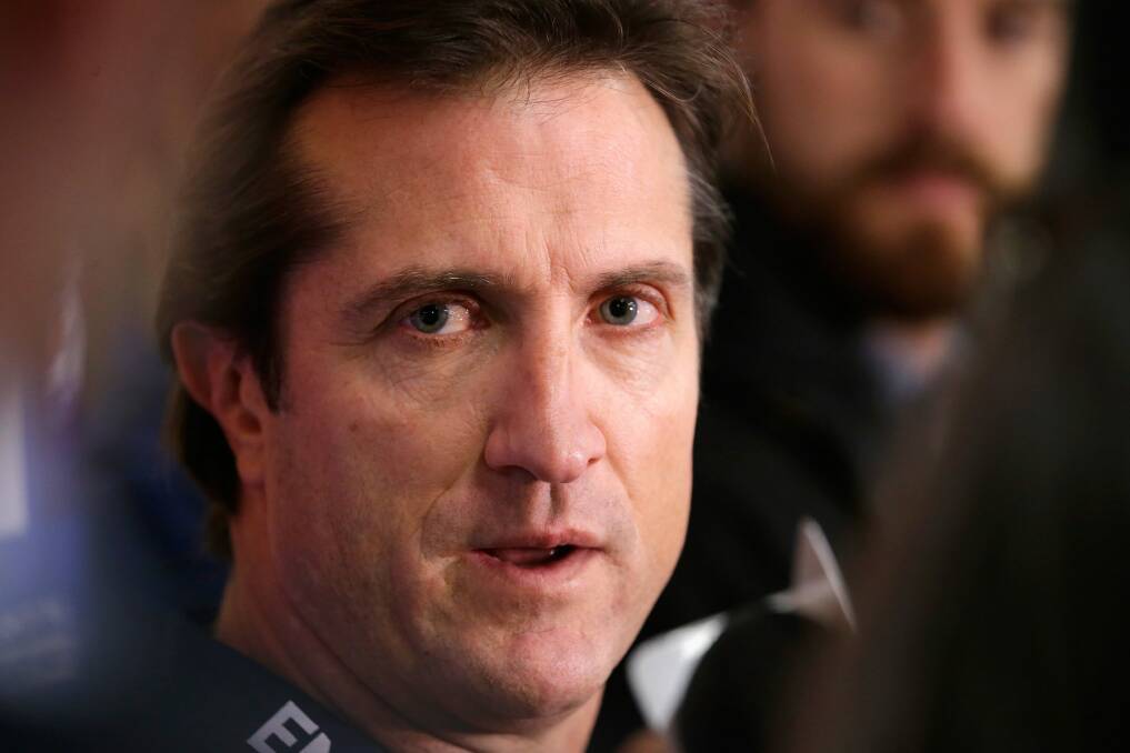 Luke Beveridge shows his emotions about the Wallis injury and his players' responses. Photo: Getty Images