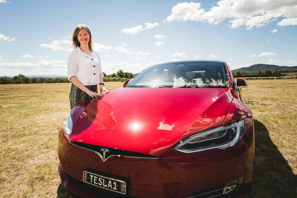 President of the Tesla Owners Club of Australia Jude Burger at Pialligo Estate. Photo: Jamila Toderas