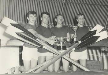Canberra Rowing Club crew (l-r)?Rick?Holtsbaum, Zel Hindley, Alex ?Leitch and Neil McFarlane in 1965, just one year after the Canberra Rowing Club was founded.