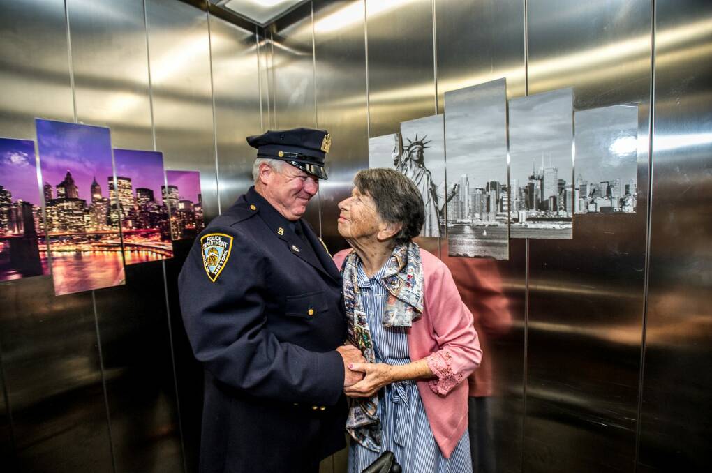 Uniting Care Mirinjani retirement village has granted a lifelong wish for resident Berenice Benson to meet a real New York city cop, Detective Howard Shank. Photo: karleen minney