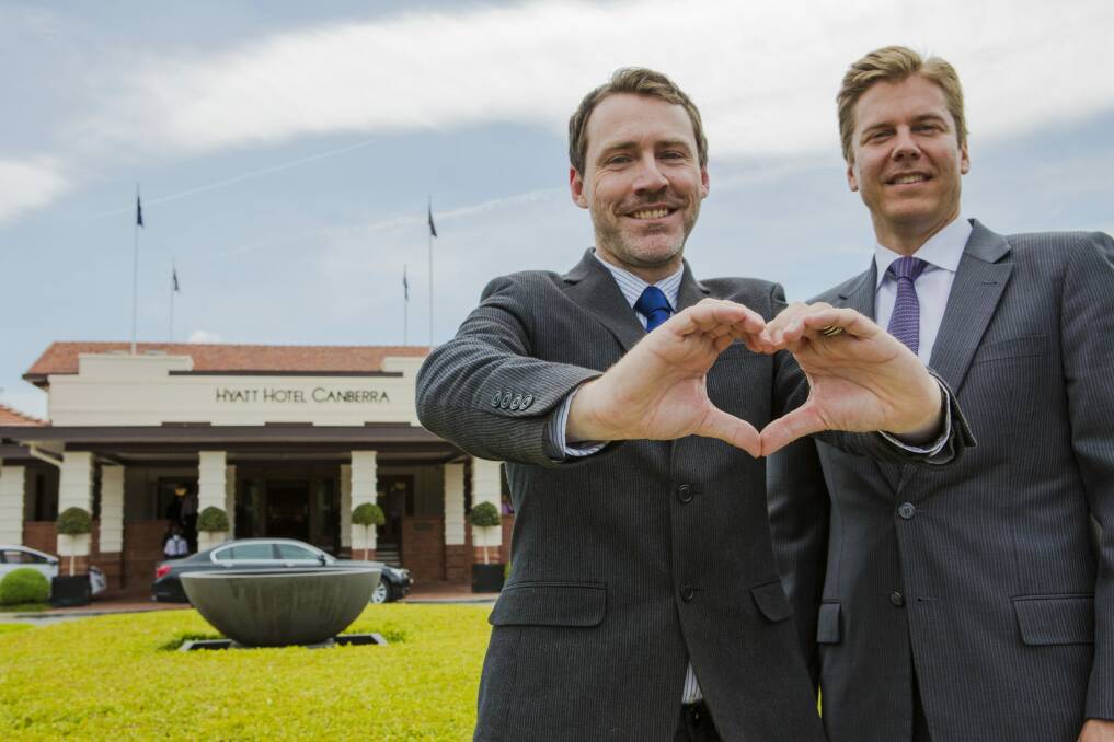 Acting director of Australian Marriage Equality Ivan Hinton-Teoh (left) and Mikael Svensson, general manager of the Hyatt Hotel, Canberra.  Photo: Jamila Toderas