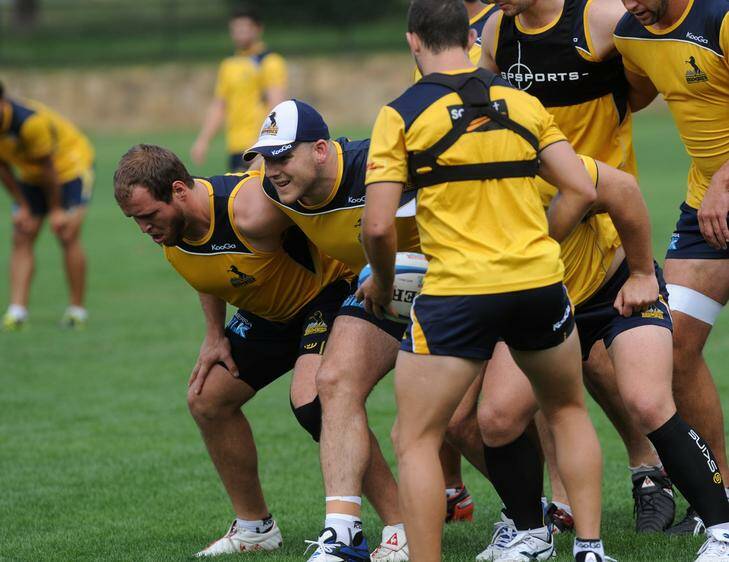 Brumbies player Nic White feeds the ball  into the scrum   including hooker  Stephen Moore , centre, at training at Griffith Oval. Photo: Richard Briggs
